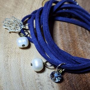 Elegant Blue Suede Bracelet with Charms And Pearls